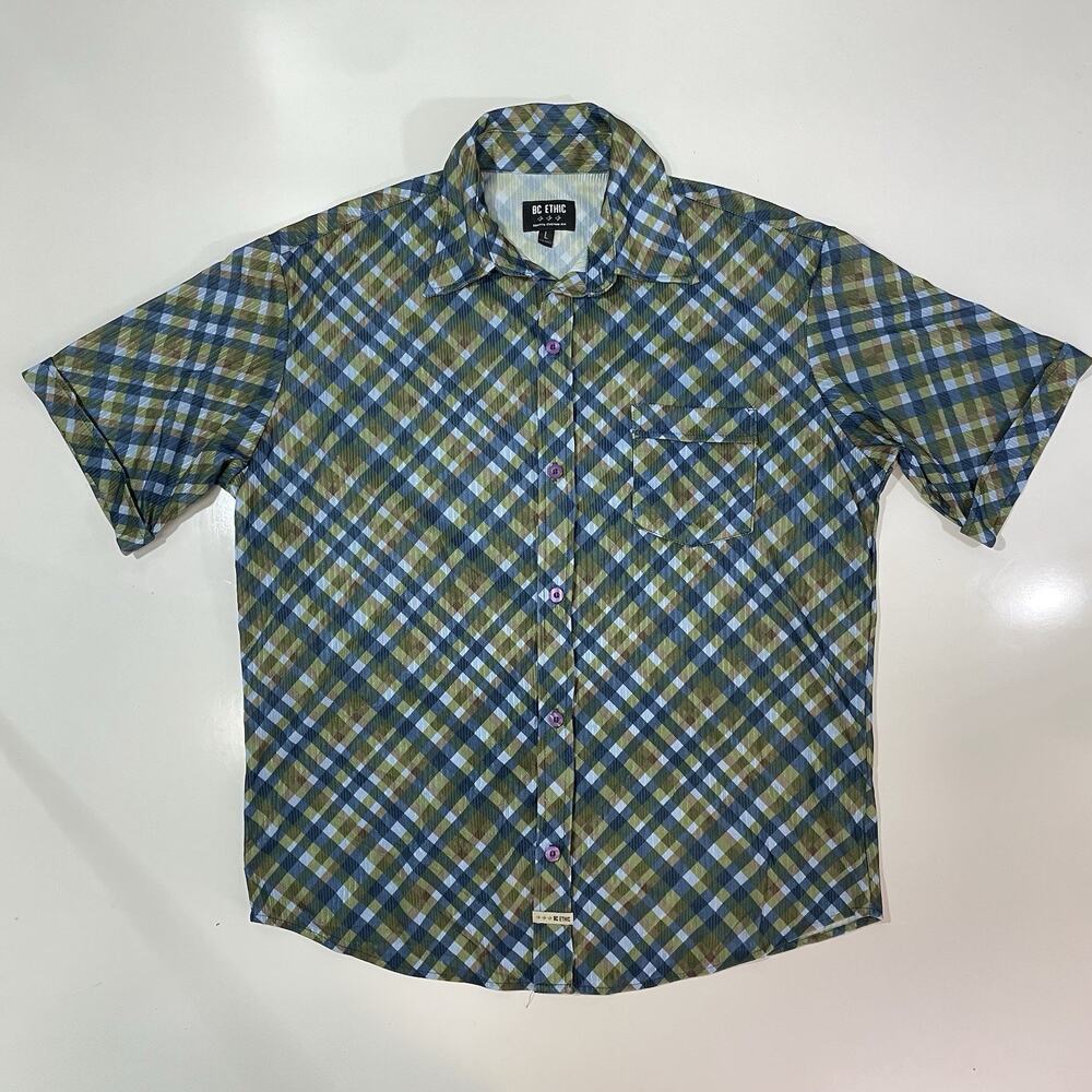 BC Ethic Men’s Lounge Club Shirt Lg Textured Shine Casual Windowpane Button